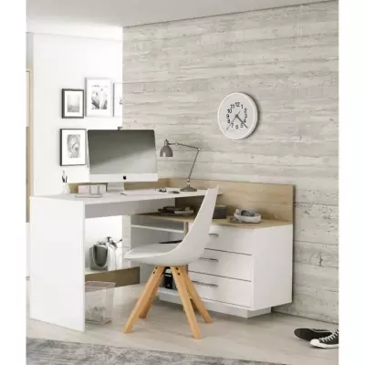 Bureau d'angle 3 tiroirs - Style chêne et blanc - L 128,5 x P 105,7 x H 83,2 cm