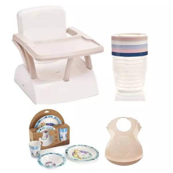 Pack Repas 2eme Âge - Thermobaby - Rehausseur chaise - 5 boîtes de conservation - Coffret vaisselle - Bavoir semi-rigide