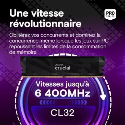 Mémoire gamer - CRUCIAL Pro OC - CP16G64C32U5B - 16&nbsp;Go DDR5-6400 UDIMM - CL32 avec dissipateur thermique - Noir
