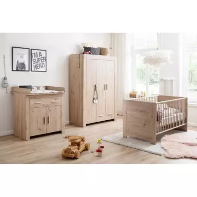 Chambre bébé Trio Chic : Lit 70 x 140 cm + Commode à langer + Armoire AHOI - Chêne