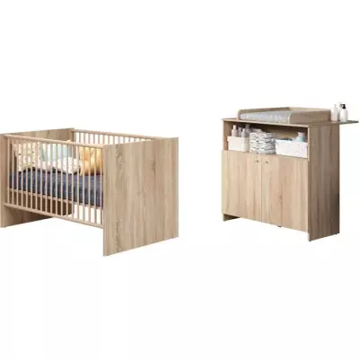 Ensemble chambre bébé duo NIKO - Lit 70x140 cm + Commode à langer - Chêne naturel