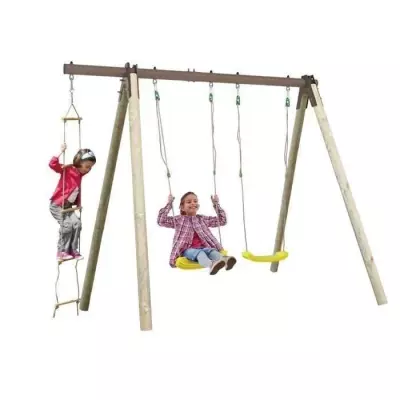 Portique bois et métal - 1,90m - 2 balançoires et 1 échelle - Made in France