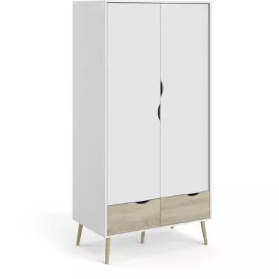 Armoire Chambre Blanc/Chene 2 Portes 2 Tiroirs 