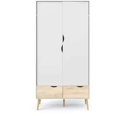 Armoire Chambre Blanc/Chene 2 Portes 2 Tiroirs 