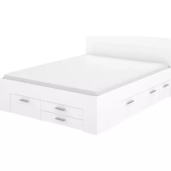 Lit adulte contemporain 160x200 cm - 4 tiroirs - 2 chevets avec niche - Décor Blanc mat - UDINE