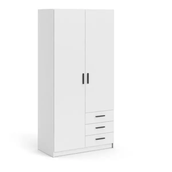 Armoire VEGA - Décor Blanc mat - 2 portes + 3 tiroirs - L 98,5 x P 49,6 x H 200,4 cm