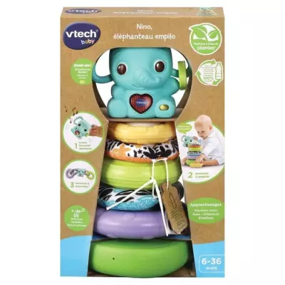 Jouet VTECH BABY - Nino, Éléphanteau Empilo 3 en 1 (Plastique Bio)