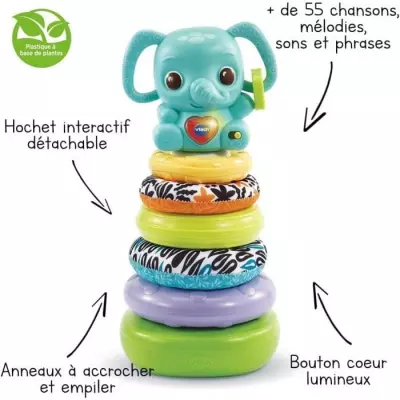 VTech Play Green NINO, ÉLÉPHANTEAU EMPILO 3 EN 1 (PLASTIQUE A BASE DE PLANTES ET BOUTEILLES PLASTIQUES RECYCLÉES)