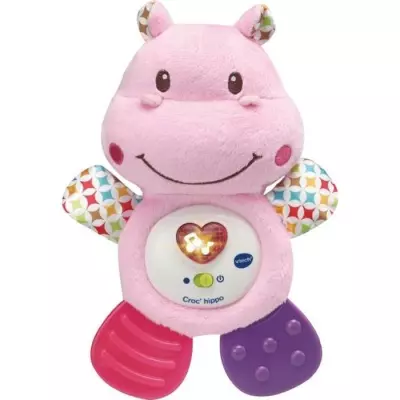 Hochet Croc'Hippo Rose Peluche Texturée - Dimensions 22x17x7 cm