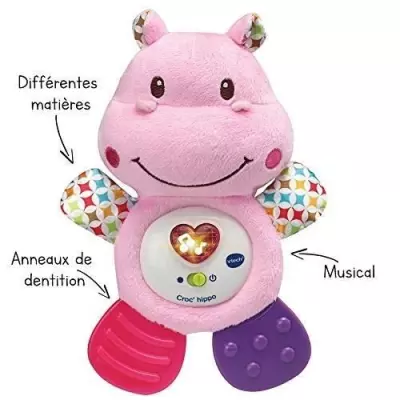 Hochet Croc'Hippo Rose Peluche Texturée - Dimensions 22x17x7 cm