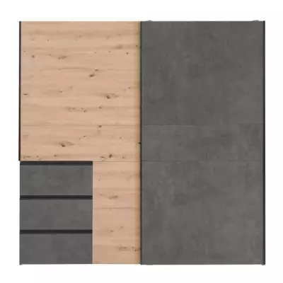 Armoire 2 portes coulissantes et 3 tiroirs - Décor chêne artisan et béton gris