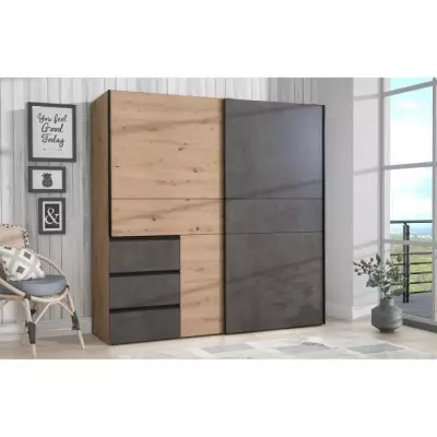 Armoire 2 portes coulissantes et 3 tiroirs - Décor chêne artisan et béton gris