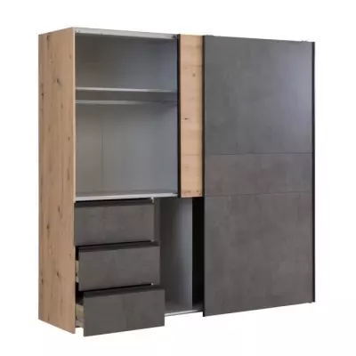 Armoire 2 portes coulissantes et 3 tiroirs - Décor chêne artisan et béton gris