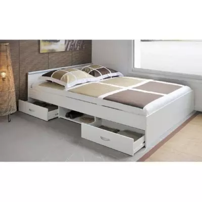 Lit adulte contemporain blanc mat - Made in France - L 140 x L 200 cm