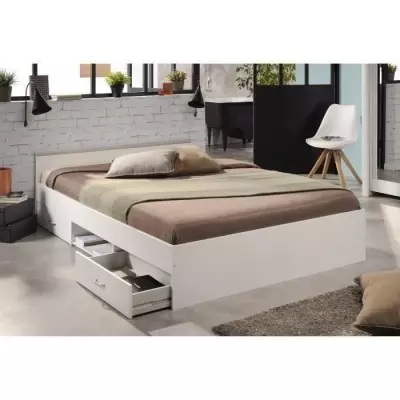 Lit adulte contemporain blanc mat - Made in France - L 140 x L 200 cm