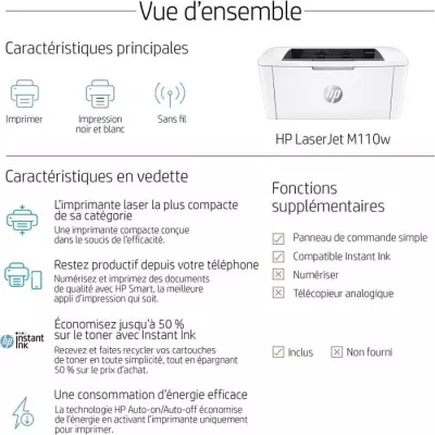 Imprimante monofonction HP LaserJet M110w - Compacte et performante