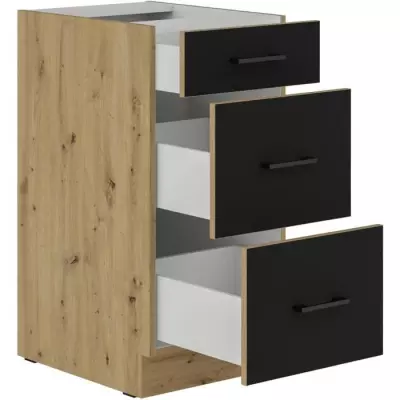 Meuble bas casserolier MODENA - 3 tiroirs - Chene artisan / Noir mat