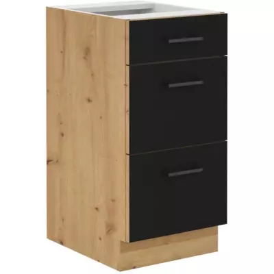 Meuble bas casserolier MODENA - 3 tiroirs - Chene artisan / Noir mat