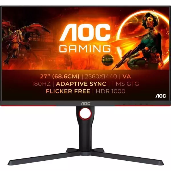 Écran PC - AOC - Q27G3XMN - 27 QHD - MiniLED - 180Hz - 1ms - Ajustable en hauteur - 2 HDMI 1 DP - Adaptive Sync - Noir