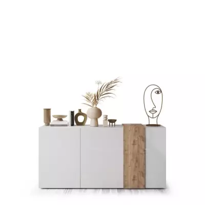 Buffet VENEZIA - Blanc laqué et chêne Cadiz - L 181 x P 44 x H 84 cm