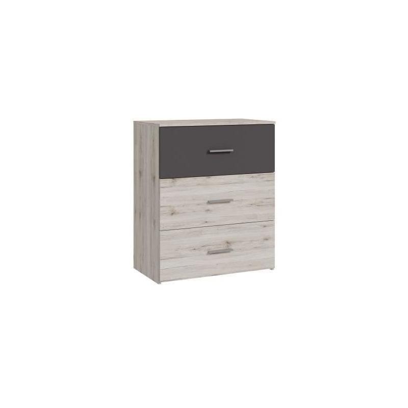 Commode ADRIA - 3 tiroirs - Chene cendré / Gris uni - 75,2 x 41,3 x 89,7 cm