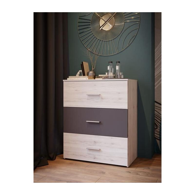 Commode ADRIA - 3 tiroirs - Chene cendré / Gris uni - 75,2 x 41,3 x 89,7 cm