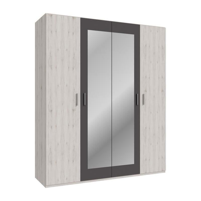 Armoire chambre ADRIA - Chene cendré / Gris foncé - 4 portes battantes