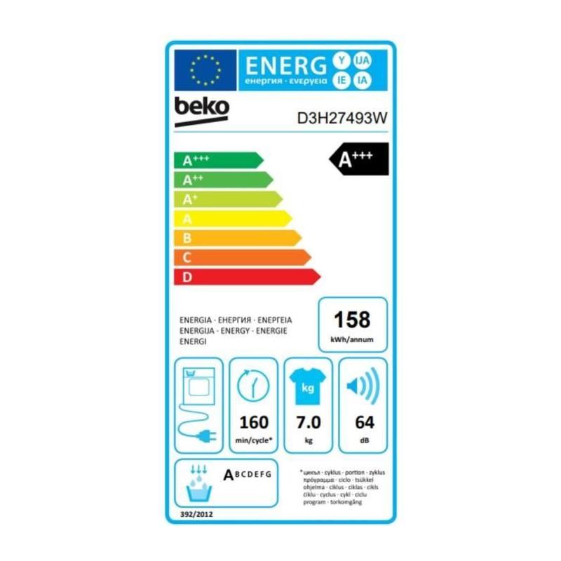 Sèche-linge pompe à chaleur BEKO B300 D3H27493W - Économie énergétique A+++