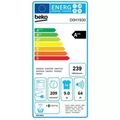 Sèche-linge pompe à chaleur BEKO b300 Eco sense D0H1930 - 9 kg - A++ - Blanc
