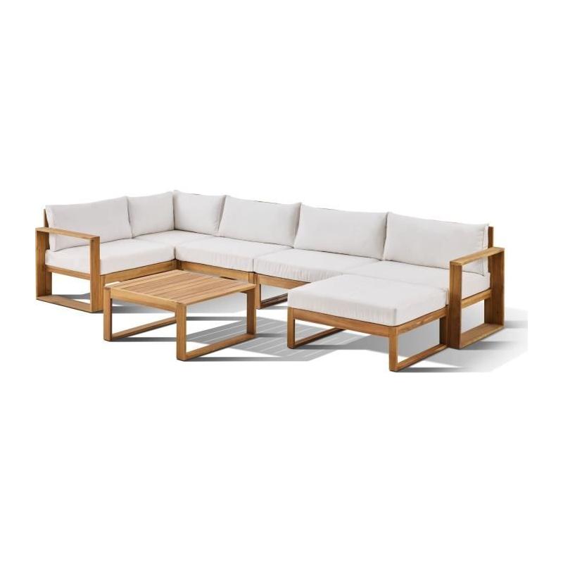 Salon de jardin d'angle modulable en acacia blanc cassé - 7 pers