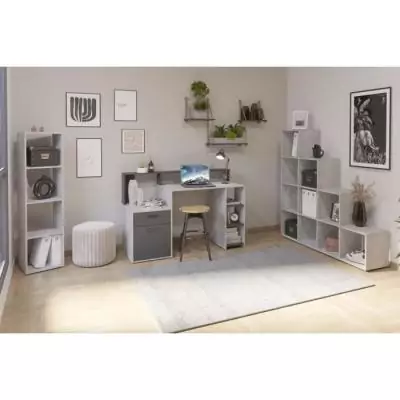 Bureau avec réhausse et rangements - Gris béton/antracite