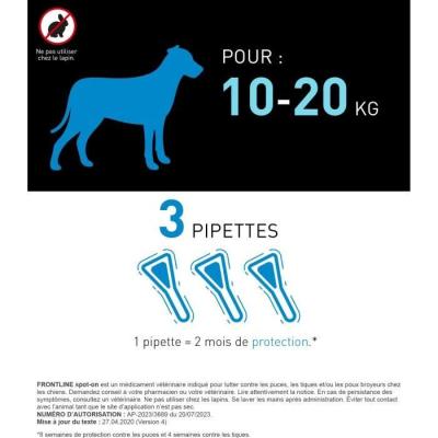 Protégez votre chien de 10 à 20 kg avec FRONTLINE 3 Pipettes Anti-Parasitaires - Puces, tiques, poux