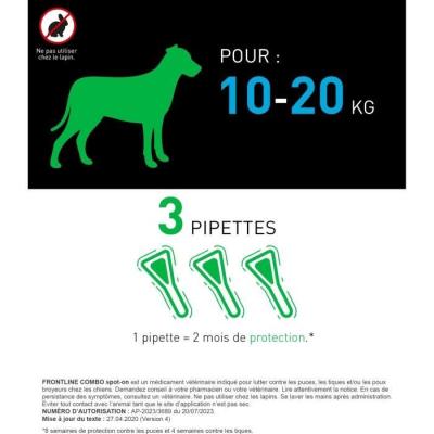 Traitement antiparasitaire efficace pour chiens de 10 à 20 kg - FRONTLINE 3 Pipettes