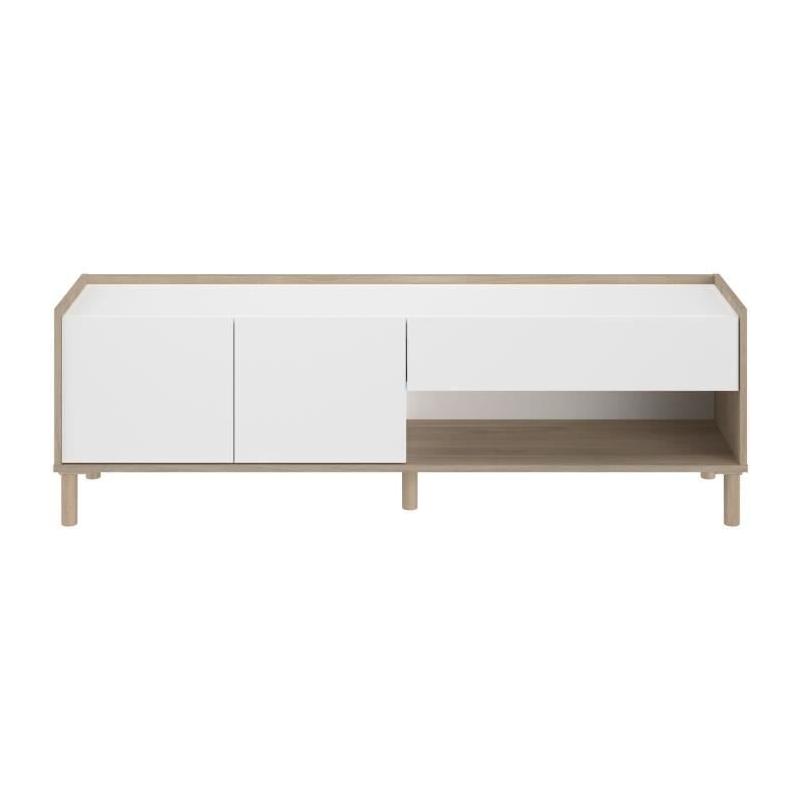 Meuble TV MORPHOS - Moderne et Pratique - Décor blanc / Chene - 150 x 47,3 x 40 cm