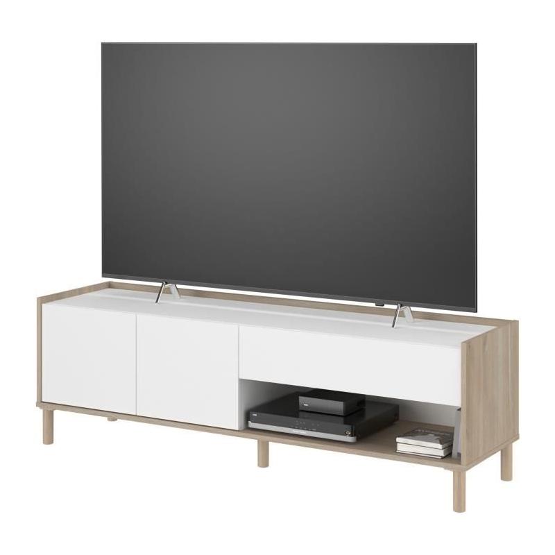 Meuble TV MORPHOS - Moderne et Pratique - Décor blanc / Chene - 150 x 47,3 x 40 cm