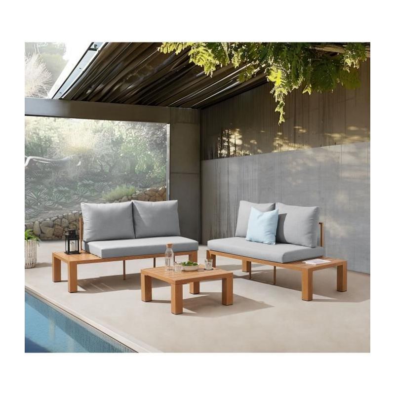 Salon de jardin canapé d'angle aluminium effet bois gris perle