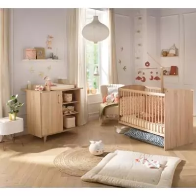 Chambre duo bébé Sauthon - Sam Chêne doré - Lit 120 x 60 cm et commode à langer