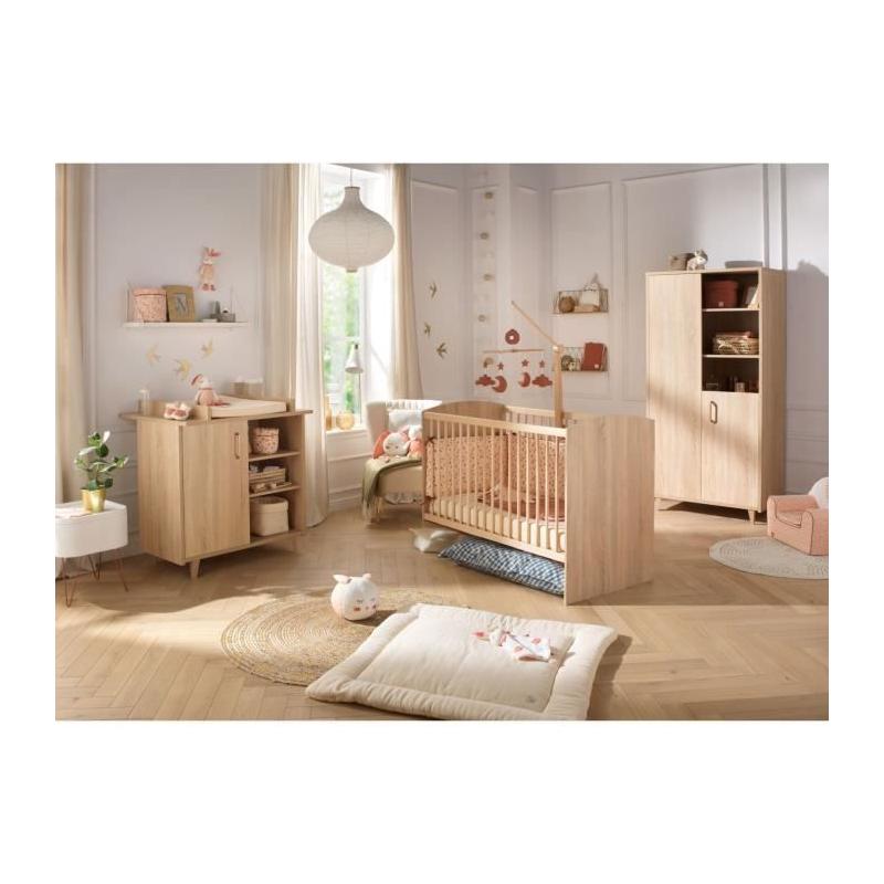 Ensemble complet trio bébé - Lit, Commode et Armoire - Sam Chêne doré