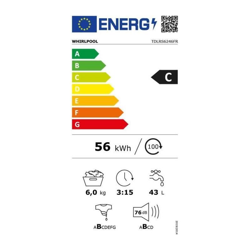 Lave-linge top WHIRLPOOL TDLRS6246FR - Compact et performant