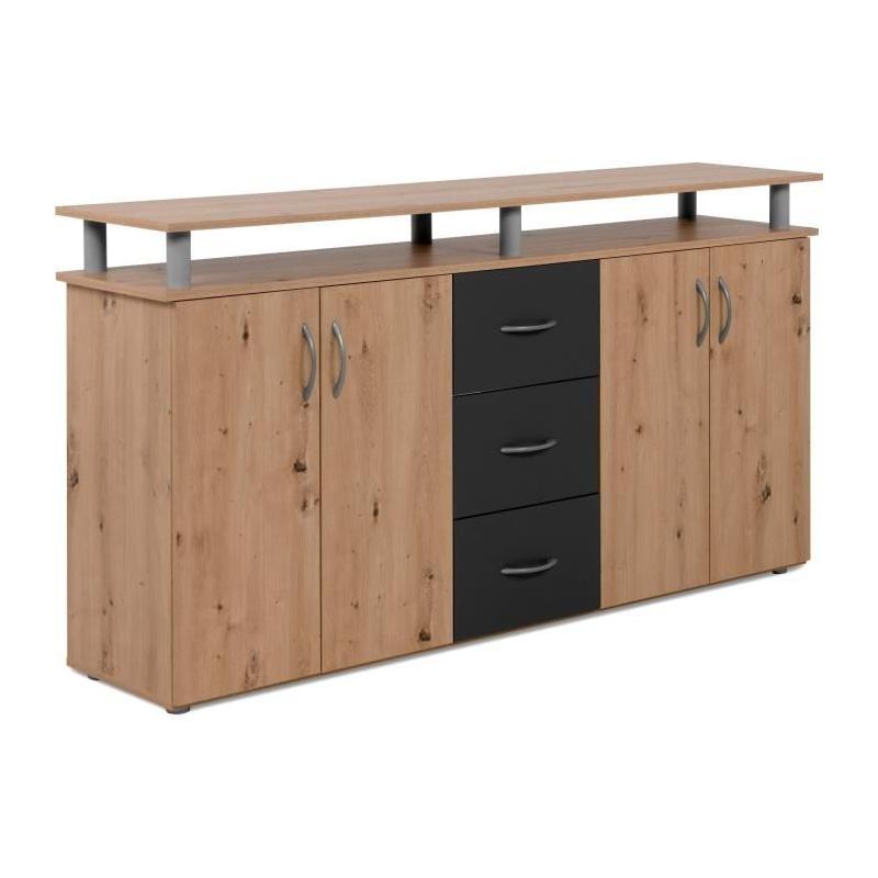 Buffet NEVADA: Style artisan en chêne et anthracite - 4 portes 3 tiroirs