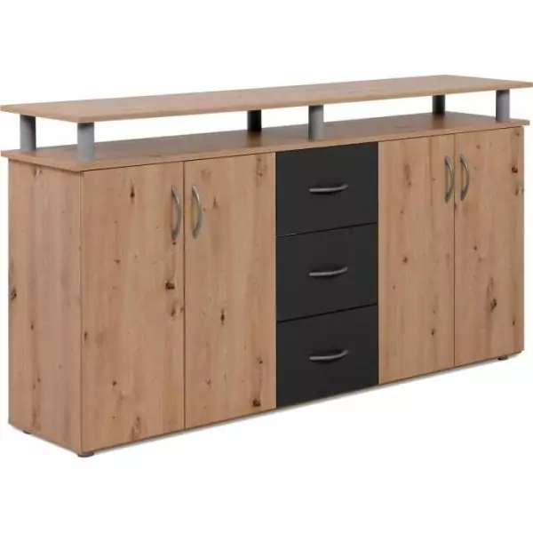 Buffet NEVADA - Décor Chene artisan et Anthracite - 4 portes 3 tiroirs - L 155 x H 83 x P 35 cm