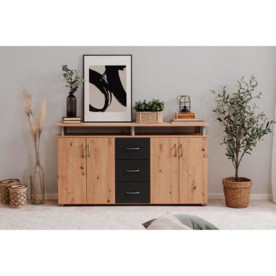 Buffet NEVADA: Style artisan en chêne et anthracite - 4 portes 3 tiroirs