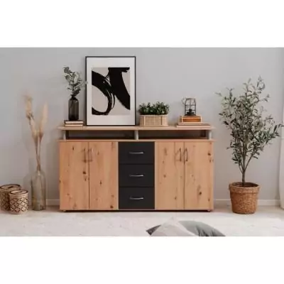 Buffet NEVADA: Style artisan en chêne et anthracite - 4 portes 3 tiroirs Buffet NEVADA: Style artisan en chêne et anthracite - 4 portes 3 tiroirs