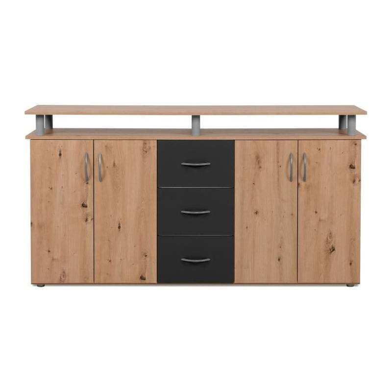 Buffet NEVADA: Style artisan en chêne et anthracite - 4 portes 3 tiroirs