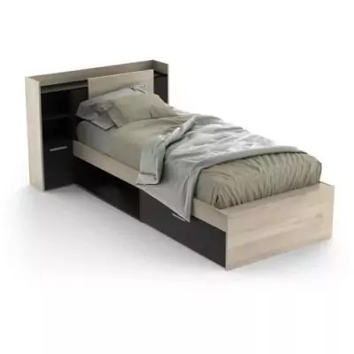 Lit enfant LIFE - 90x190/200 - Rangements - Chene et noir - Fabriqué en France