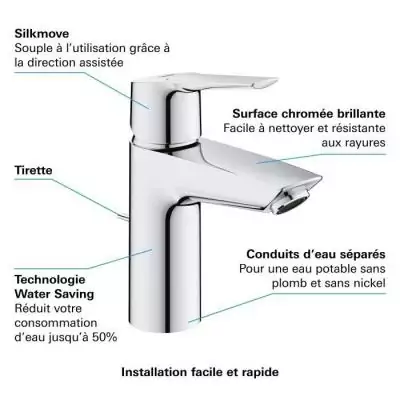 Mitigeur Lavabo GROHE QUICKFIX Start - Chrome - Installation facile & économie d'eau Mitigeur Lavabo GROHE QUICKFIX Start - Chrome - Installation facile & économie d'eau