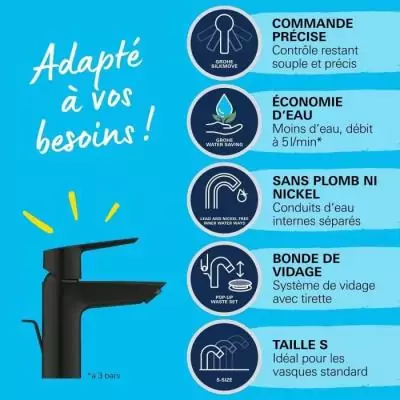 Mitigeur lavabo monocommande GROHE Start Noir mat - Taille S - Économie d'eau Mitigeur lavabo monocommande GROHE Start Noir mat - Taille S - Économie d'eau