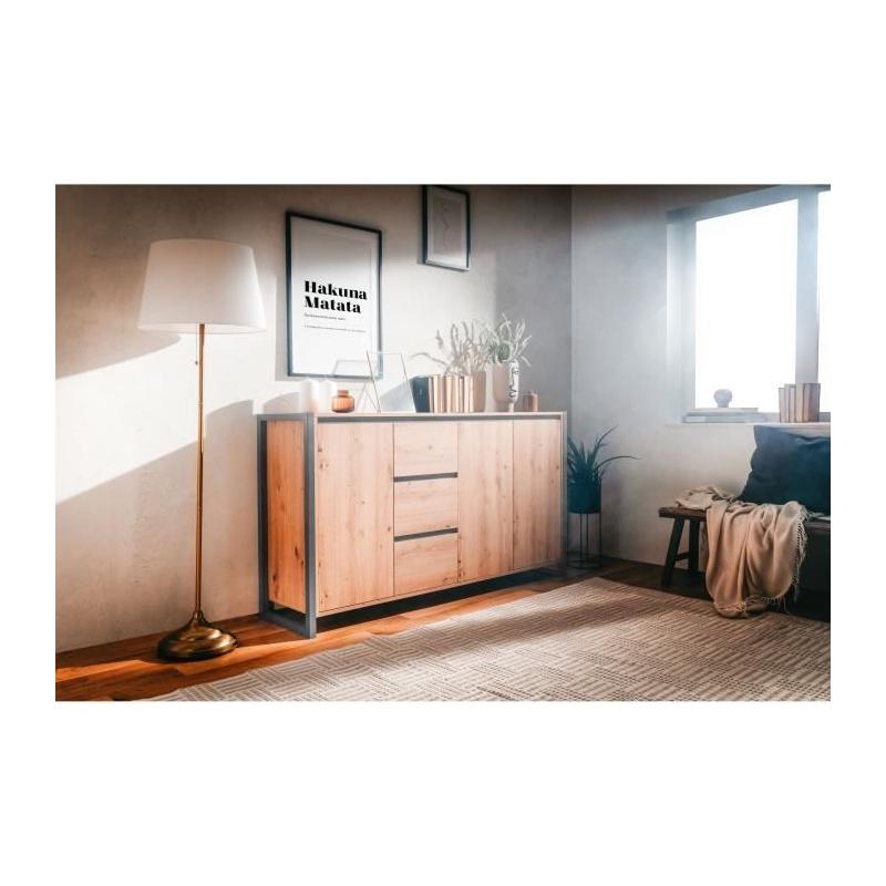 Buffet DENVER 3 portes 3 tiroirs - Chene artisan / Anthracite