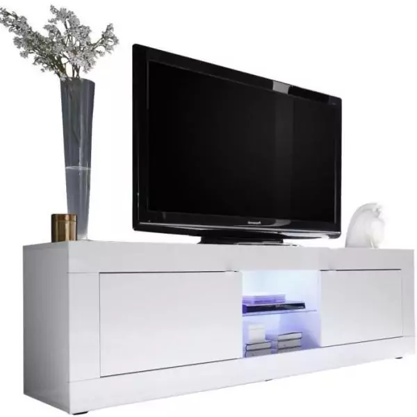 Meuble TV - BASICO - 2 portes - Blanc laqué brillant - 180 x 43 x 56 cm