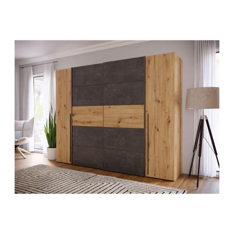 Armoire Chêne Artisan et Béton - 2 Portes Battantes + 2 Portes Coulissantes